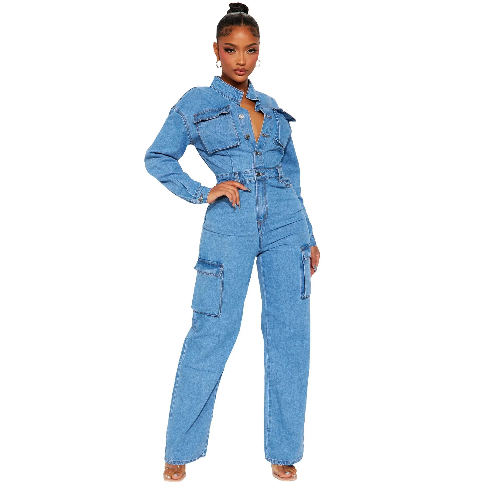Womens Autumn and Winter Fashion Elastic Organ Bag Wash Denim Jumpsuit Stand Collar Long Sleeve Denim Bell Bottoms Overalls 241230