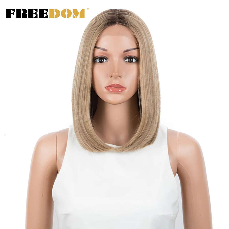 FREEDOM Synthetic Straight Short Bob Ombre Blonde Blue Wig Middle Part Lace For Black Women Cosplay Wigs