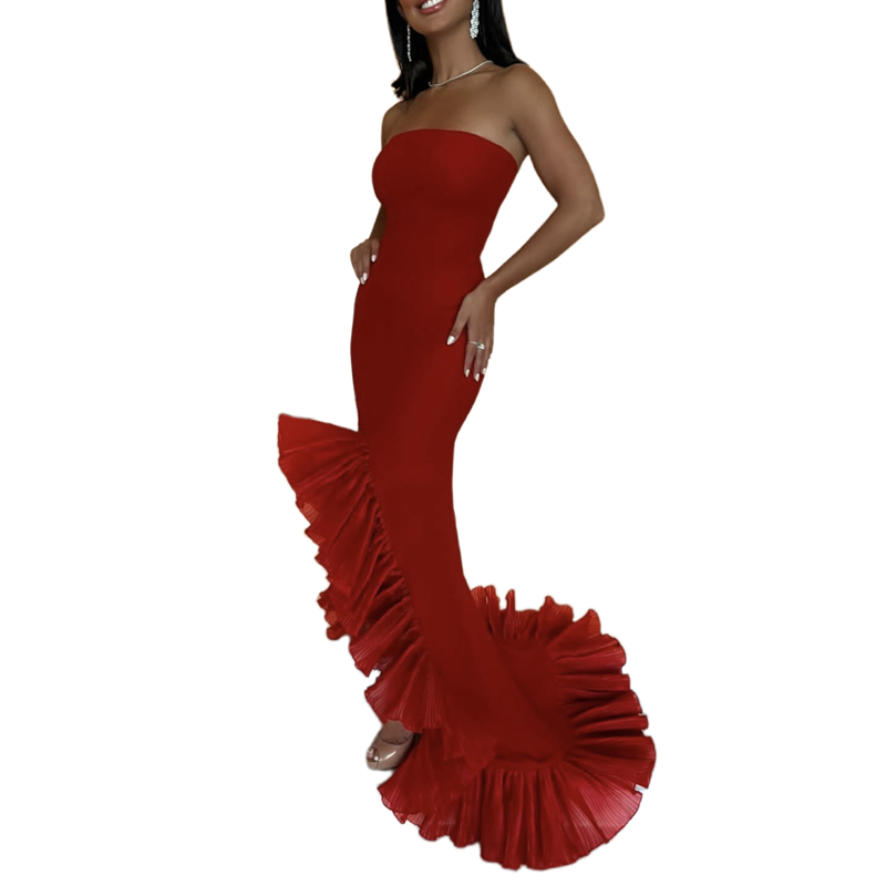 Ruffles Red Long Prom Dresses Slim Fit Strapless Sleeveless Side Split Evening Gowns 2025 Chic Simple Special Occasion Dress
