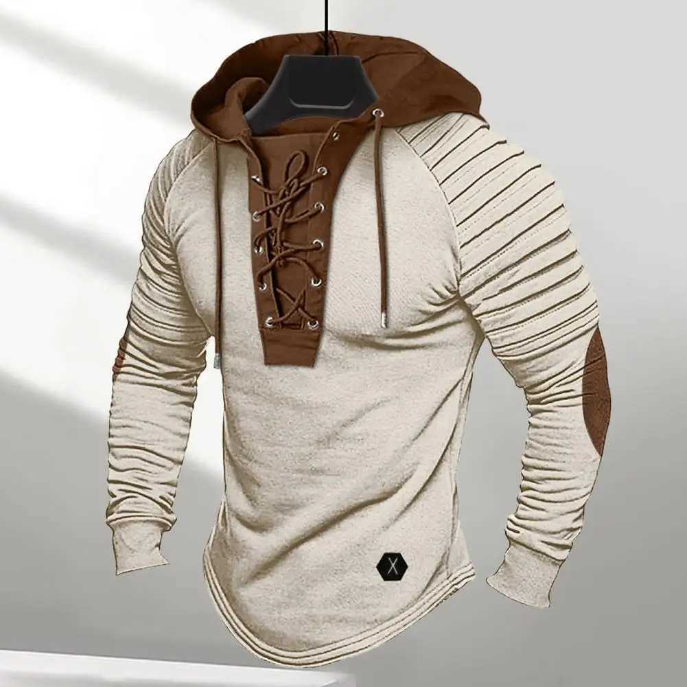 Mens Spring Autumn Hoodie with Folded Shoulders Colored Lock Brushed Hoodie Top Long Sleeve Lace Retro Mens Daily Hoodie W241230