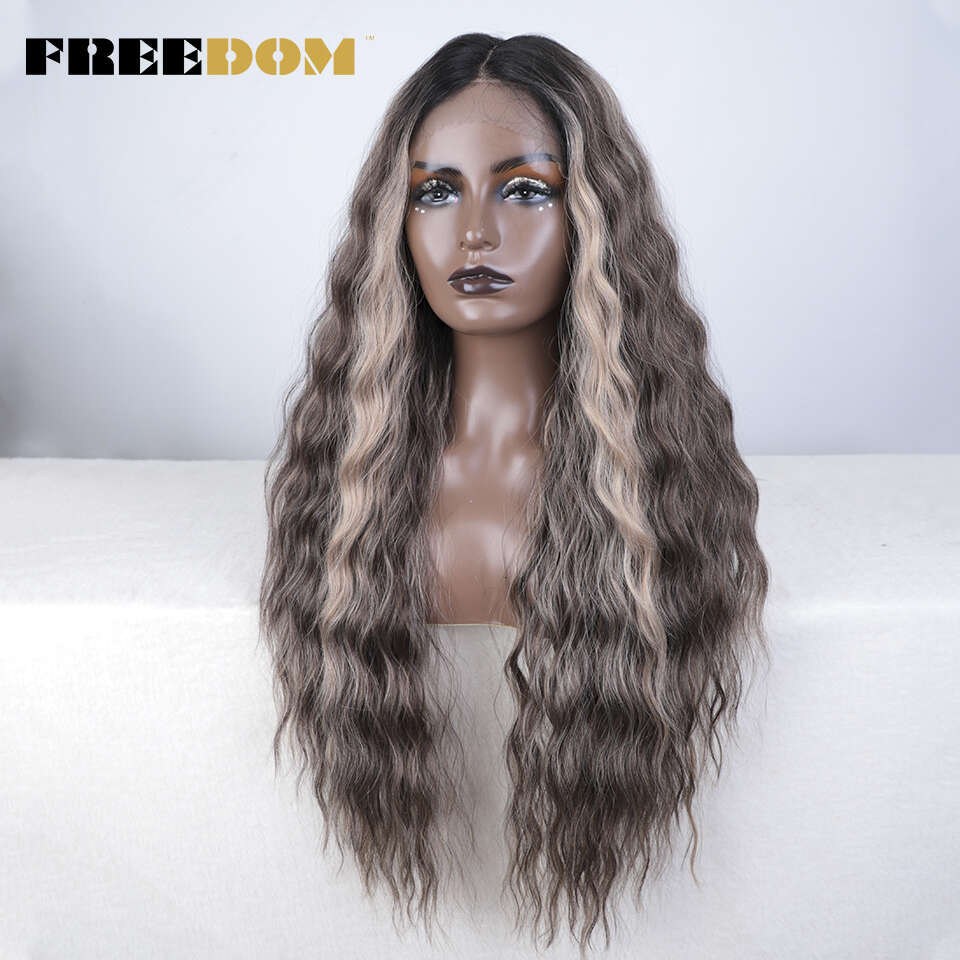 FREEDOM Synthetic Front For Black Women Long Curly Wavy Ombre Highlight Ginger Lace Heat Resistant Cosplay Wigs