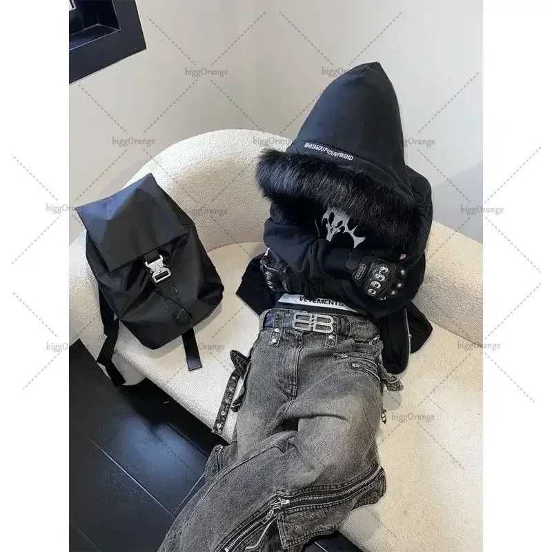 Strt Hip-hop Y2K Retro Harajuku Loose Versatile Fur Collar Zipper Hoodie Men American Punk Rock Oversized Sweatshirt WomenC241225