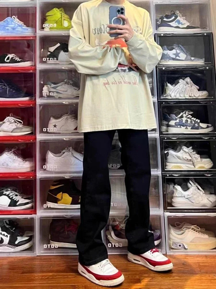 Male Cow Pants Bootcut Black Jeans for Men Flared Trousers Straight Classic Korean Fashion Y2k Vintage Washed In 241230