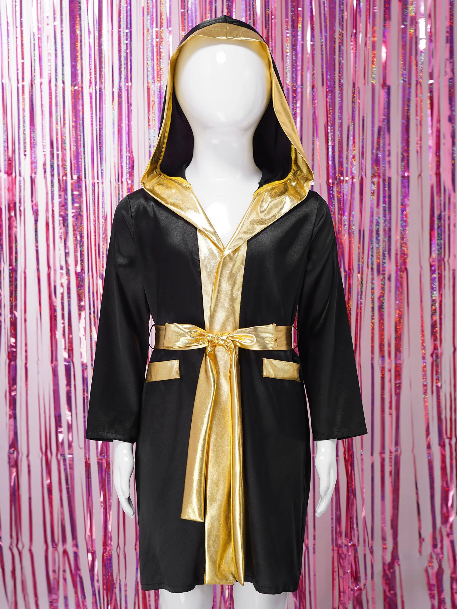 Kids Boys Boxing Robe Halloween Theme Party Boxer Cosplay Costume Long Sleeve Open Front Metallic Satin Hooded Cloak with Belt 241230