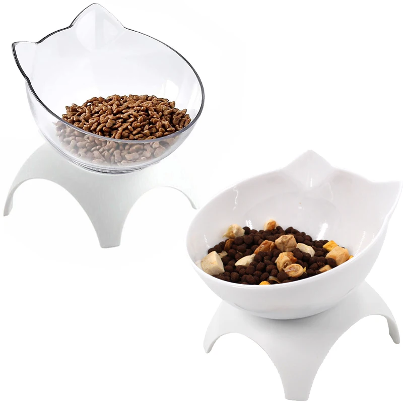 133556 Cat Raised Stand Feeding Transparent Plastic Pet Food Water Feeder Bowl 15 Degree Tilted Design Neck Guard for Cats Dogs