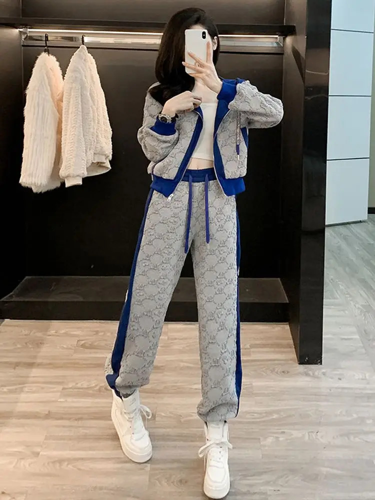 Ladies Trouser Draw String Sweatshirt Tracksuit Sport Color Matching Women's Pants Two Piece Set Spring Autumn Tailor New