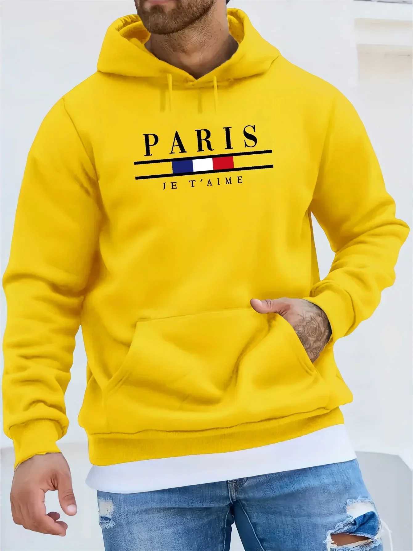 Fashionable mens hooded sweatshirt street casual sports style long sleeved and kangaroo pocket wool sweatshirt suitable for autumn and winter W241230