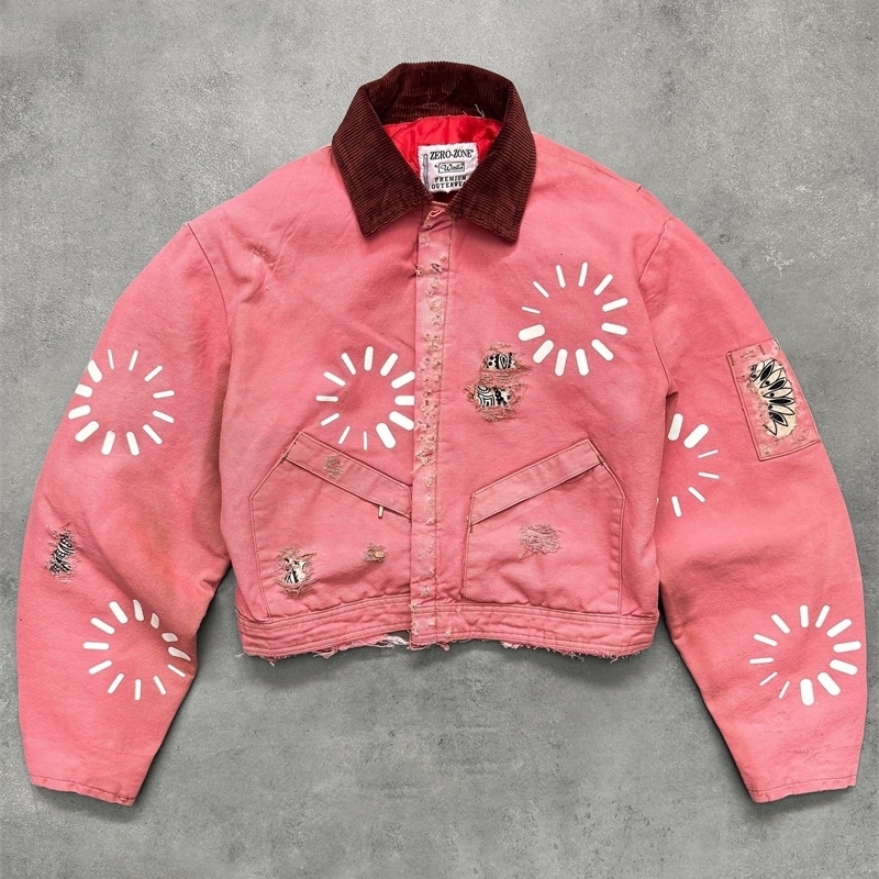 Mens autumn and winter clothing denim cotton warm Gothic punk pink perforated printed collar Womens loose jacket 241219
