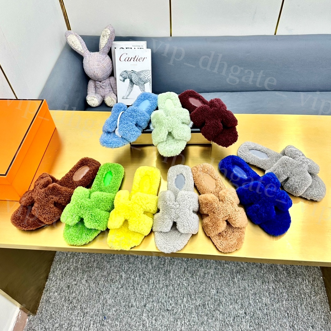 Fashion Orange Designer furry slide winter fur Slipper Womens shoe Flip flops Sandal Mule Sliders luxury loafer fluffy Casual sandale Flat Heel Indoor House shoes