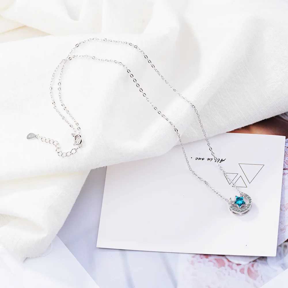 925 Silver Star Crystal Moon Blue Aesthetic Necklace Womens Luxury Jewelry Wholesale Accor Trend 2024 W241230