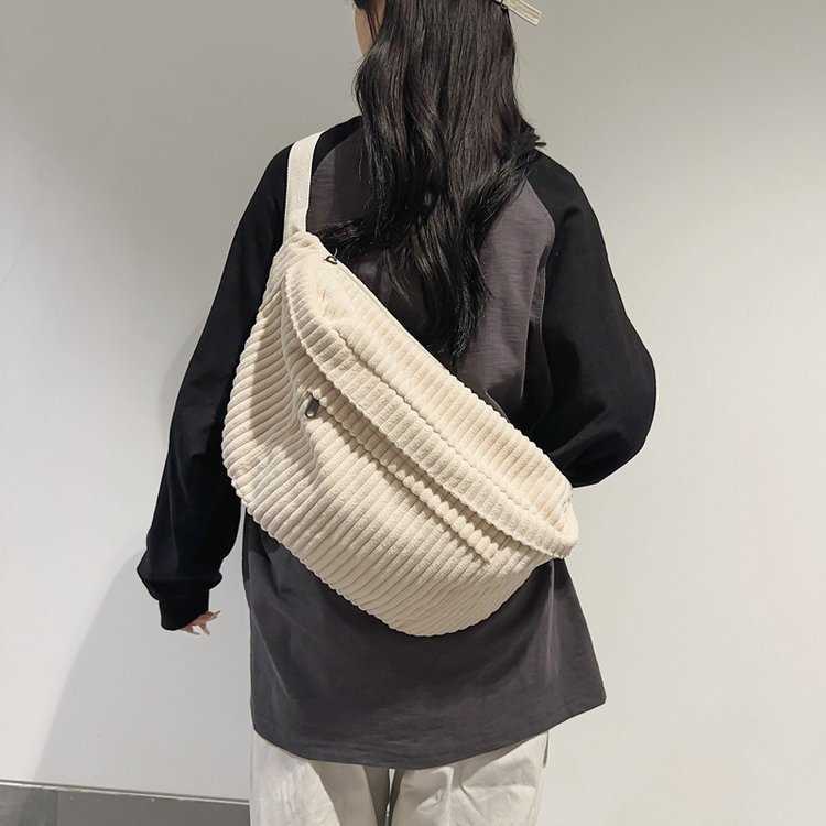 Corduroy large capacity crossbody bag, can hold A4 textbook tote bag, shoulder bag, car stitching cotton zipper 241230