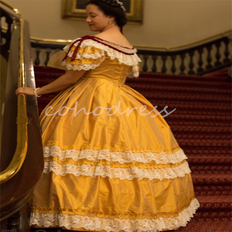 Historical Yellow Renaissance Prom Dress Off Shoulders Lace Gothic Steampunk Ball Gown Evening Dress Costume Party Civil war Southern French Duchess B