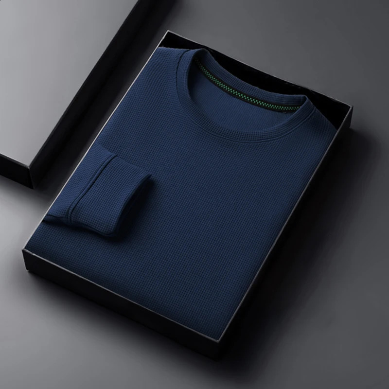2024 Mens Casual Fashion Long Sleeved Round Neck Tshirt Waffle Comfortable Top 241223