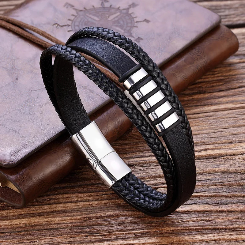 2024 Classic Mens Leather Bracelet Handwoven Multilayer Stainless Steel Accessory Jewelry Wholesale Drop 241223