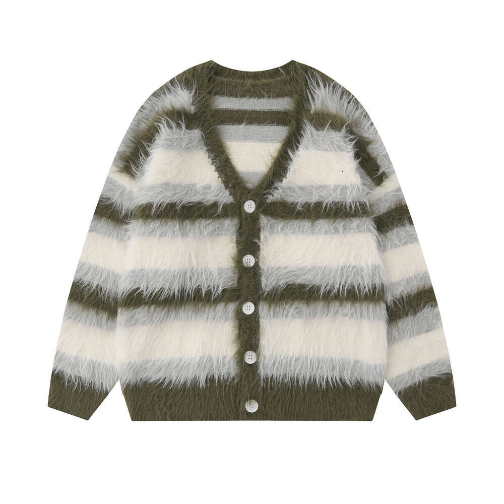 Men's Wear Striped Plush V-Neck Sweater Men's Loose Casual Brushed Knit Trendy Couple Versatile Comfortable Haruku High Street Cardigan