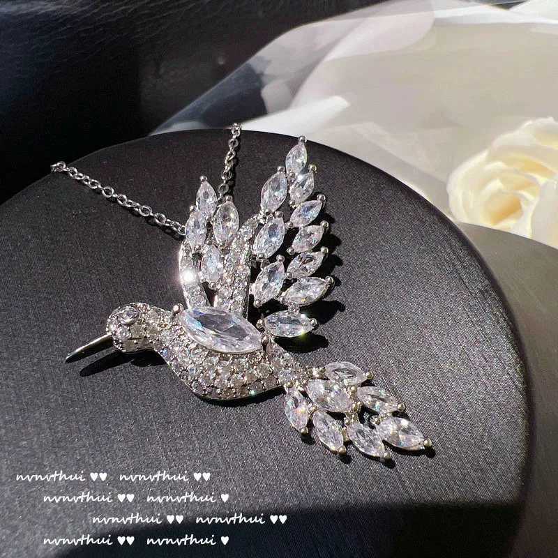 New 925 sterling silver sparkling white AAA zircon hummingbird pendant necklace with creative necklace and animal jewelry W241230