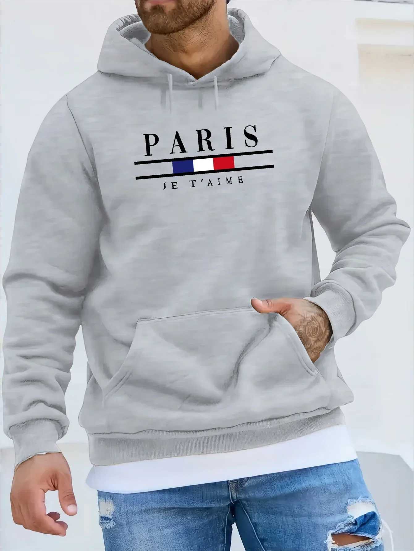 Fashionable mens hooded sweatshirt street casual sports style long sleeved and kangaroo pocket wool sweatshirt suitable for autumn and winter W241230