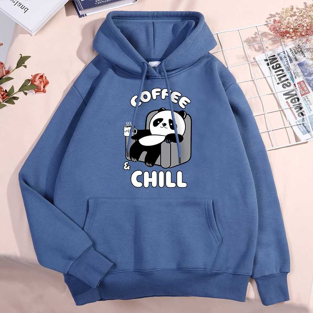 Coffee Chill Panda Enjoys Time Mens Street Clothing Hip Hop Wool Hoodie Pocket Loose Sweatshirt Casual Super Big Hoodie Mens Style W241230