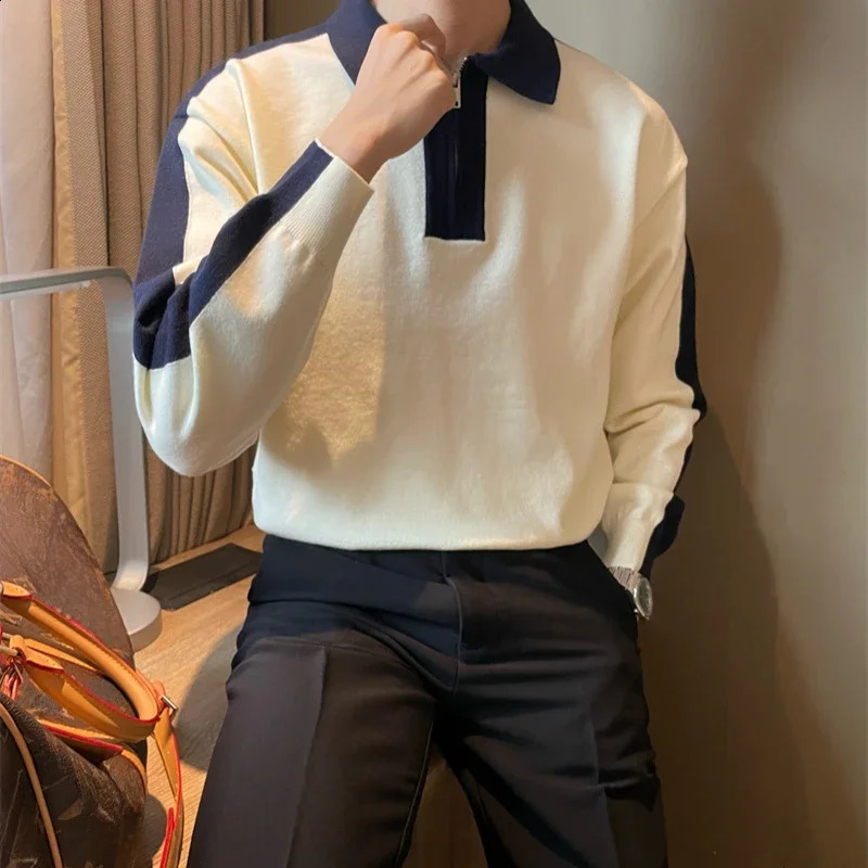 With Zipper Pullovers Male Splicing Polo Knitwear Contrasting Colors Mens Knit Sweater Y2k Streetwear Harajuku Long Sleeve Top 241230