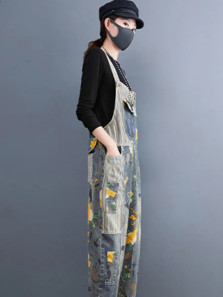 #1467 Straight Printed Denim Overalls Women Ankle-length Loose Wide Leg Jumpsuits Ladies Pockets Split Joint Vintage Streetwear 241230