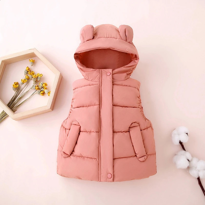 1-7Y Toddler Kids Hooded Waistcoats Solid Children Cotton Padded Warm Vests Baby Boys Girls Sleeveless Jackets Insulated Clothes 241230