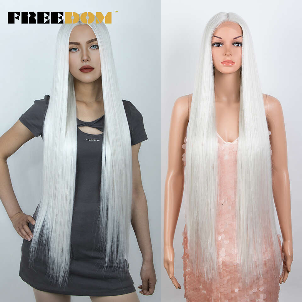 FREEDOM Hair Synthetic Front For Women 38 Inch Long Straight Lace Ombre Brown Blonde Wig Red White Cosplay Wigs