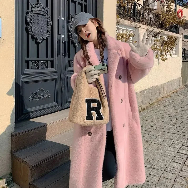 Suit collar long coat 2024 autumn and winter rabbit fur thickened warm highend environmentally friendly 241223