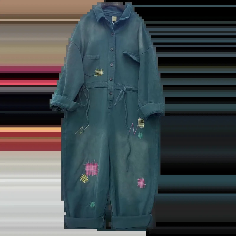 Cow Coveralls Women Autumn Streetwear Embroidery Lapel Button Denim Wide Leg Jumpsuit High Waist One-piece Pants Romper 241230