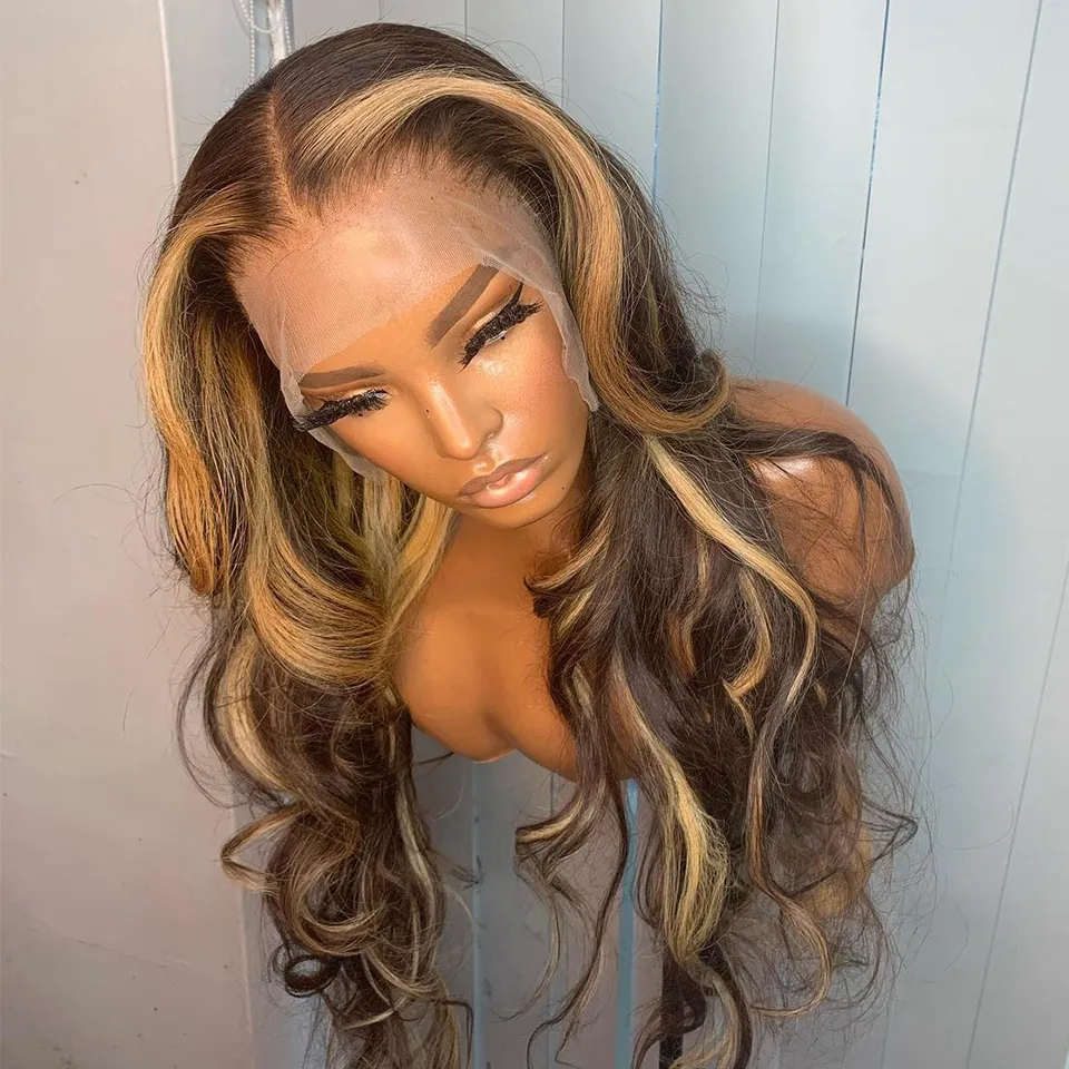 Piano Brown Highlight Wig Look Like Human Hair Body Wave 13x4 Lace Frontal Glueless Wigs For Women Preplucked 36 Inch Black Transparent Synthetic Hair