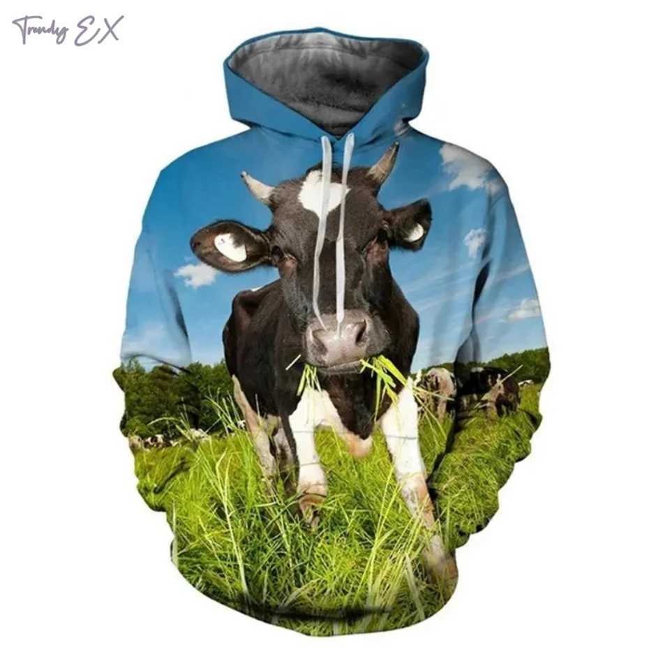 New sports shirt 3D animal cow print funny super large hooded sweatshirt fashionable sports kangaroo pocket long sleeved graphic hooded sweatshirt W24