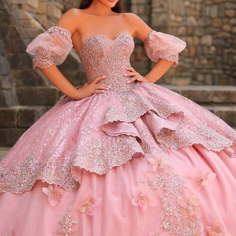 Quinceanera Pink Dresses Ball Gown Off The Shoulder Sequin Applique Wer Beads Bow Tull Party Birthday Sweet Vestido De Anos