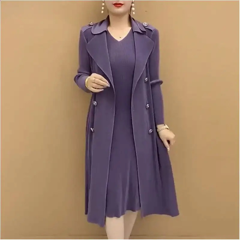Fashionable Pleated Suit Collar Two Piece Trench Coat 2024 Autumn Winter Waist Pleats Wind Dress 241220