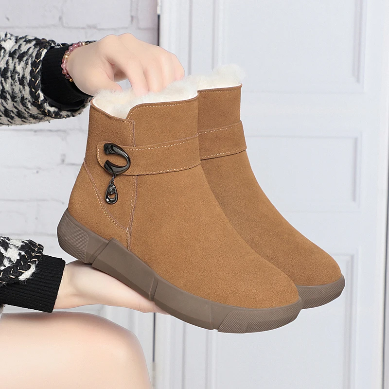 AIYUQI Women Snow Boots Genuine Leather Winter Shoe Boots Women Casual Natural Wool Wedge Women Ankle Boots