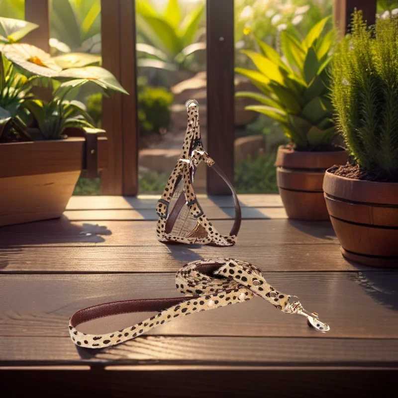 Leopard with Hair Fashion Pet Collar Set Dog Substantial Harnesses Traction Rope Suit Adjustable Cute Pet Decoration AccessoriesXJ241230