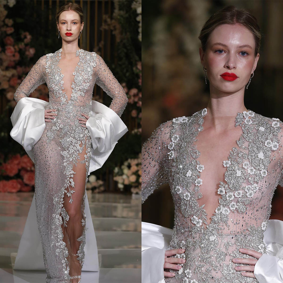 Sexy See Through Mermaid Wedding Dress Glitter Crystal Beading Pearls Arabic Full Sleeve Bridal Gowns Robe De Soiree Fashion Show