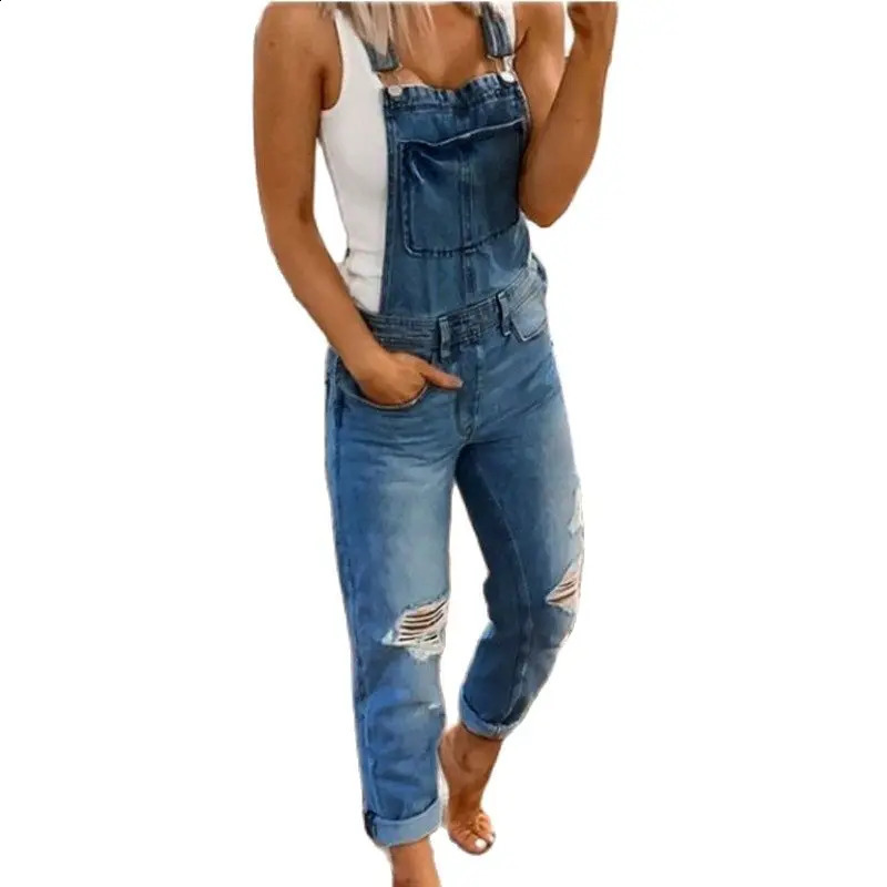 Suspenders Denim Jumpsuit For Women Fashion Ripped Jeans Jumpsuit Casual Female Clothing S-3XL Drop 241230