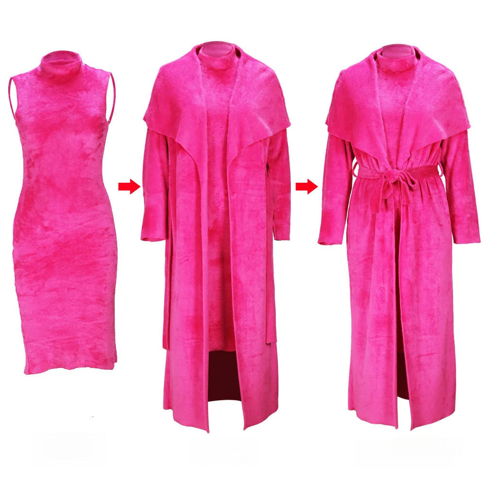 Women Flannel Lounge Maxi Dress And Lapel Open Cardigan With Belt Long Sleeve Trench Winter Sweatsuit Two 2 Piece Set