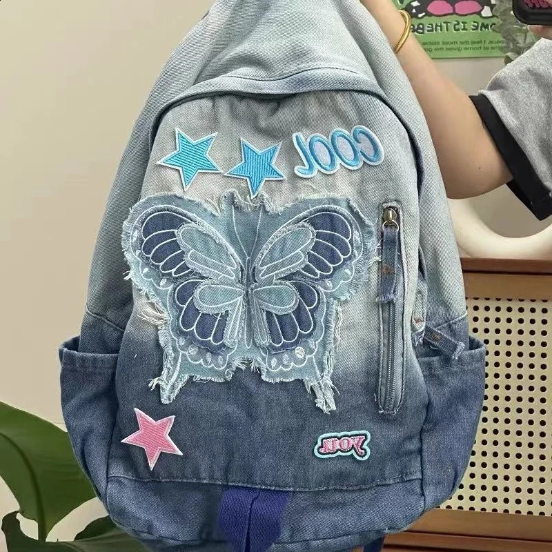 American Retro Large Capacity Denim Bag Butterfly Star Large Capacity Student Schoolbag Backpack Storage Bag Kids Backpack 241230
