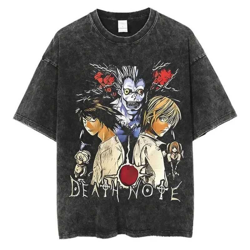 2024 Harajuku Retro Washed T-shirt with Death Note Pattern Cotton Street Clothing Unisex T-shirt W241230