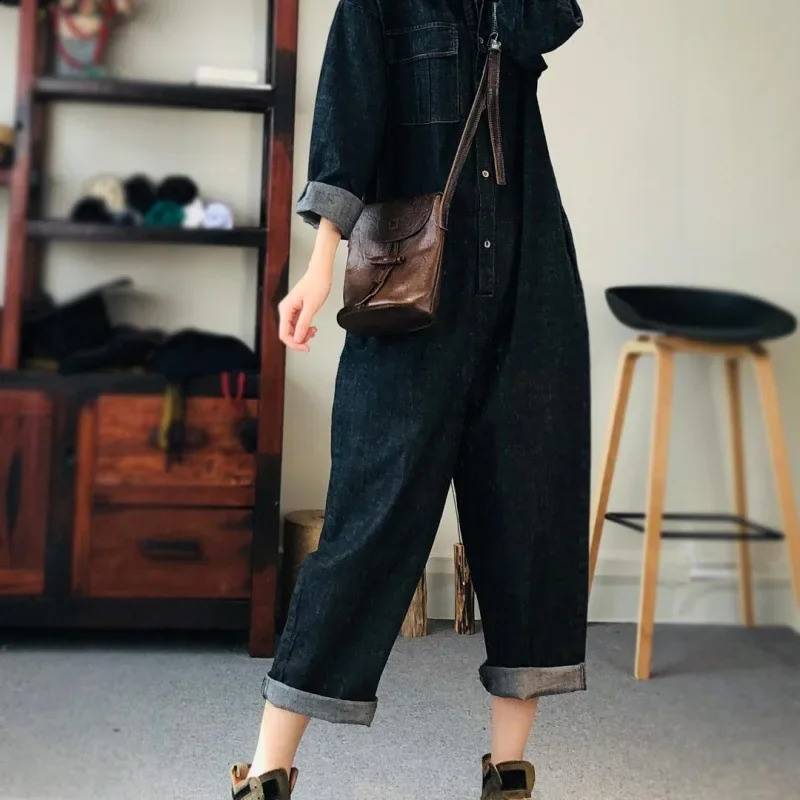 Oversize Denim Jumpsuit Suit Women Blue Denim Long Sleeve Playsuits High Waist Fashion Tops Casual One Piece Outfit Women 241230