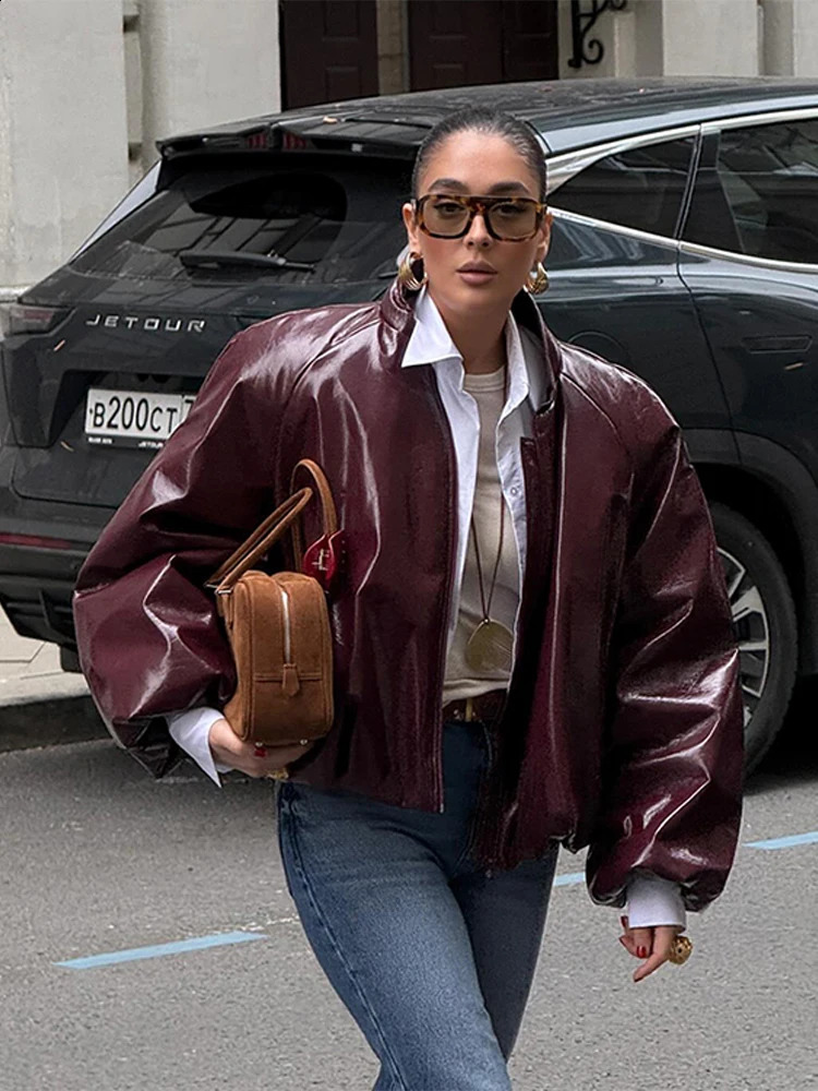 Vintage PU Leather Solid Jackets Women Casual Loose Stand Collar Zipper Jacket Coats Female Autumn High Street Outwear 241224