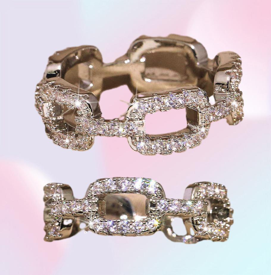 925 New Silver Color Chain Ring with Bling Zircon Stone Rings for Women Wedding Engagement Fashion Jewelry Gift Q07084543698