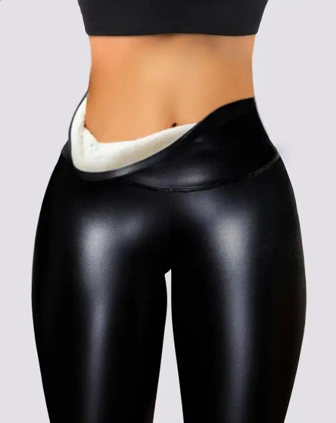 Womens Urban Fashion Trousers 2024 Autumn Winter Latest Pu Leather High Waist Thermal Warm Fleece Lined Legging Skinny Pants 241223