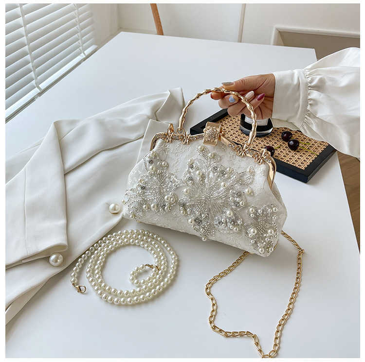 Pearl Embroidered Fashion Handbag Qipao Banquet Handheld Bag Chain Bar Bag Embroidered Pearl Bag Single Shoulder Bag Pearl Chain Bag