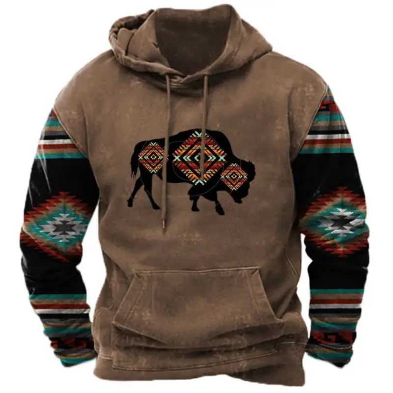 2024 New Mens Hoodie Retro Cowboy Printed Super Large Hoodie Sweater Pullover Casual Long Sleeve Mens Street Clothing W241230