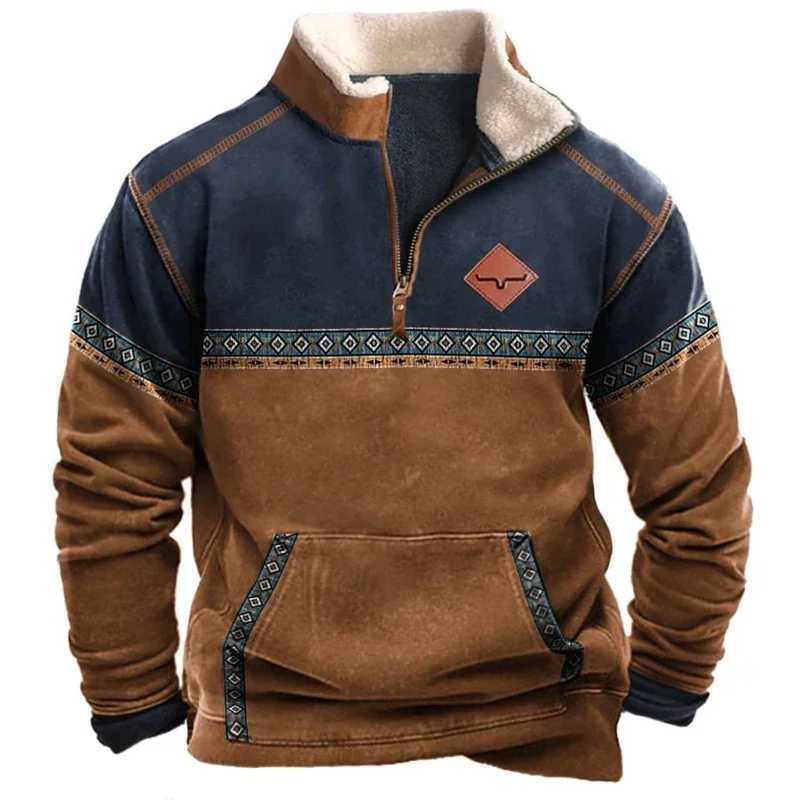 Casual mens sports shirt with wool lining long sleeved zipper lapel loose zipper retro contrasting color winter warm top mens style W250108