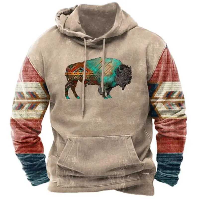 2024 New Mens Hoodie Retro Cowboy Printed Super Large Hoodie Sweater Pullover Casual Long Sleeve Mens Street Clothing W241230