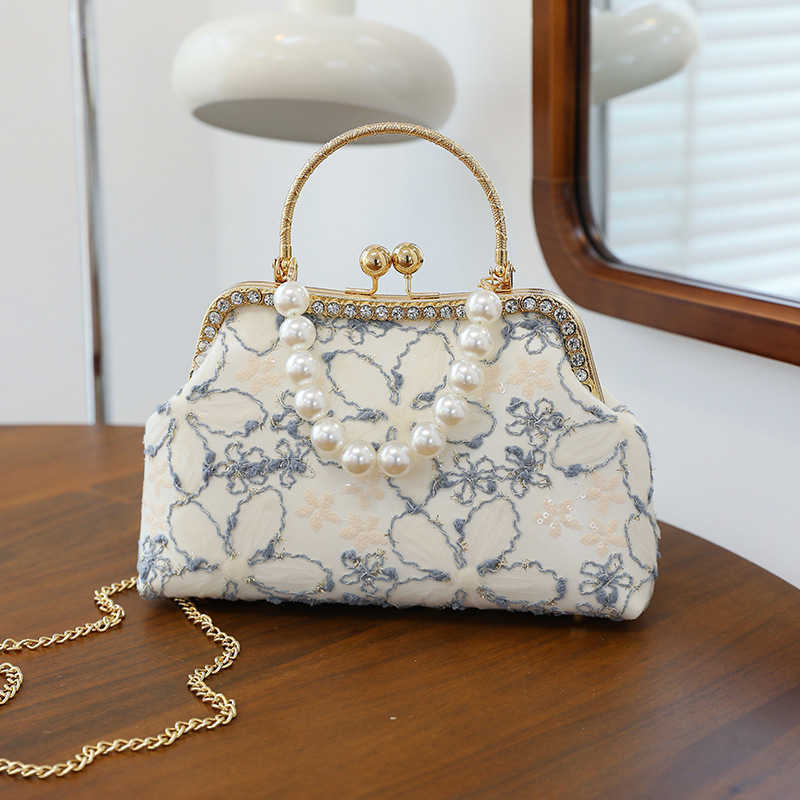 New Lace Flower Handbag Diagonal Cross Bag Qipao Hanfu New Chinese Style Shoulder Bag Pearl Handbag Women's Bag