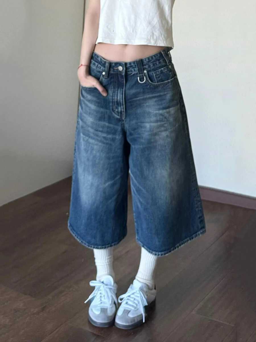 2024 Vintage Wash Whiskers Denim Shorts Women Low Rise Distressed Frayed Wide Leg Baggy Jeans Jorts Casual Summer ClothesX241230