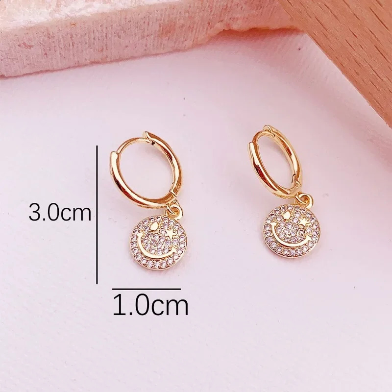 Minar Cute Lovely 14K Real Gold Plated Brass Shiny Full CZ Cubic Zirconia Round Smile Face Pendant Hoop Earrings for Women Gift 241225